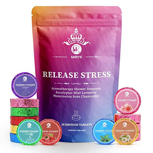 MR MIRYE Shower Steamers Aromatherapy for Women or Men, Organic with Chamomile Rose Lavender Mint Watermelon Eucalyptus Essential Oil, 18-Pack Shower Bombs Birthday Gift