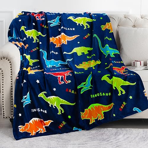 Dinosaur Gifts Toys for Boys Girls - Glow in The Dark Dino Blanket Best Christmas Birthday Valentine's Day Easter Presents for Kids Age 1 2 3 4 5 6 7 8 9 10 Year Old Child Teen Soft Throw 50'x60'