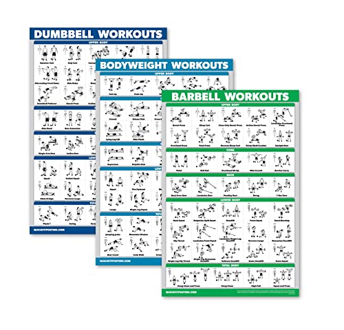 QUICKFIT 3 Pack - Dumbbell Workouts + Bodyweight Exercises + Barbell Routine Poster Set - Set of 3 Workout Charts (Laminated, 18' x 27')