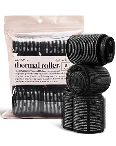 Kitsch Ceramic Thermal Hair Rollers for Short Hair - Assorted Velcro Rollers for Hair, Rollers Hair Curlers for Long Hair,Hair Roller, Self Grip Hair Rollers for Blowout Look for Long Hair -8pcs Black