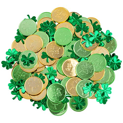 Whaline St Patricks Day Table Decorations, 100 Pcs Plastic Good Luck Coins and 1 Oz Shamrock Clover Confetti Table Sprinkles for Irish St Patricks Party Decoration Favors Supplies