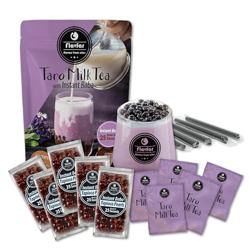 Flavfar Instant Boba Bubble Pearl Taro Milk Tea Kit with Authentic Brown Sugar Tapioca Boba and Straws, Ready in 25 Seconds | Great Idea for Gifting, Home and Party - 5 Servings Beverage Drink