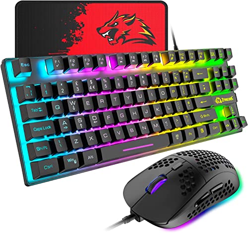 Gaming Keyboard and Mouse Combo,88 Keys Compact Rainbow Backlit Mechanical Feel Keyboard,RGB Backlit 6400 DPI Lightweight Gaming Mouse with Honeycomb Shell for Windows PC Gamers (Black)