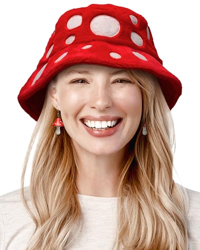 Shrumiez Mushroom Bucket Hat - Mario, Halloween, Rave, Toad, Toadette Costume - Red Faux Fur | Reversible Corduroy For Women & Men (Faux Fur w/Earring)