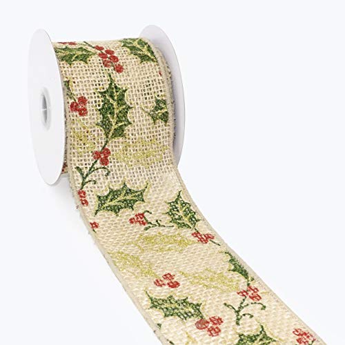CT CRAFT LLC Burlap Holly Leaf Wired Ribbon for Home Decor, Gift Wrapping, DIY Crafts, 2.5” x 5 Yards x 1 Rolls - Natural
