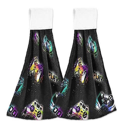 SLHKPNS Game Controller Joypad Kitchen Hanging Hand Towels, Retro Joystick Absorbent Tie Towel with Loop 2 PCS Kitchen Linen Sets for Bathroom Restroom Home Decor