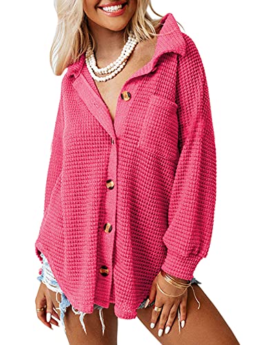 Dokotoo Button Up Shirts for Women Long Sleeve Waffle Knit Shacket Jacket Loose Fit Boyfriends Pocket Outerwear Oversized Blouses Tops Hot Pink Small