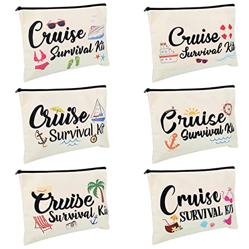 Dripykiaa 6Pcs Cruise Survival Kit Cruise Makeup Bag Canvas Fun Travel Cosmetic Bag Cruise Accessories Portable Travel Organizer Zipper Pouch for Cruise Trip Cruise Gifts for Girls Women Kids