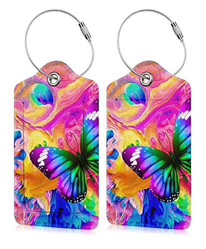 Butterfly Leather Cruise Luggage Tags for Suitcases With Stainless Steel Loop Privacy Cover ID Label Travel Bag Luggage Identifiers for Women Men Travel, Set of 2
