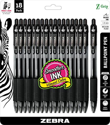 Zebra Pen Z-Grip Retractable Ballpoint Pen, Medium Point, Black Ink, 18-Pack, Model Number: 22218