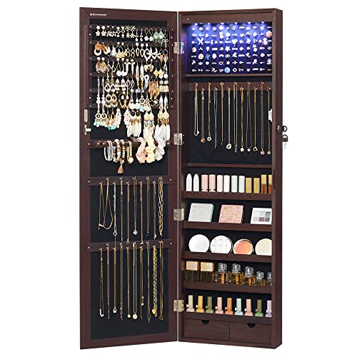 SONGMICS 6 LEDs Mirror Jewelry Cabinet, 47.2-Inch Tall Lockable Wall or Door Mounted Jewelry Armoire Organizer with Mirror, 2 Drawers, 3.9 x 14.6 x 47.2 Inches, Brown UJJC93K
