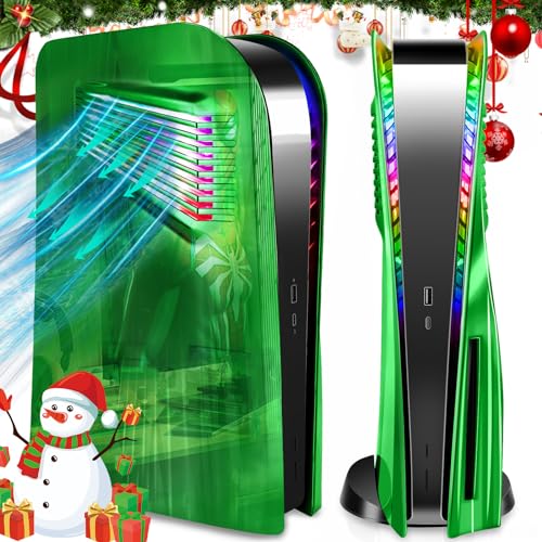 SIKEMAY PS5 Plates Console Accessories with Cooling Vent and RGB LED Light Strip for Playstation 5 Disc Edition, PS5 Cover Face Plates Hard Shockproof Side Shell Skin, 8 Colors 400 Effects - Green