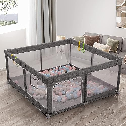 UANLAUO Baby Playpen, 59in X 59in Playpen for Babies and Toddlers, Safety Baby Play Yards, Easy Assembly Large Baby Playpen for Babies, Anti-Collision BPA-Free Breathable Mesh Play Pen, (Grey)