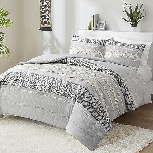 Hyde Lane Boho Gray Comforter Set King, Farmhouse Bedding Sets, Cotton Top with Modern Neutral Style Clipped Jacquard Stripes, 3-Pieces Including Matching Pillow Shams (104x90 Inches)