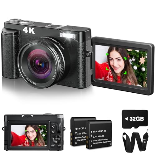4K Digital Camera for Photography with 32GB Card Autofocus 48MP Vlogging Camera for YouTube with Flash Anti-Shake 16x Zoom 3 180 Flip Screen Compact Travel Camera for Teens Adults