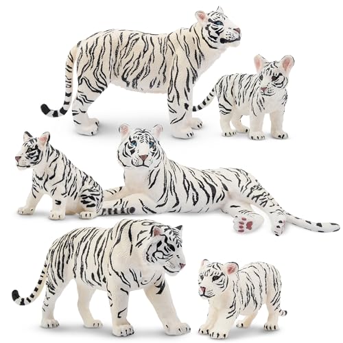 Toymany 6PCS Realistic White Tigers Figurines with Tiger Cubs, 2-6' Jungle Animals Figures Family Set includes Baby Tigers, Educational Toy Cake Toppers Christmas Birthday Gift for Kids Toddlers