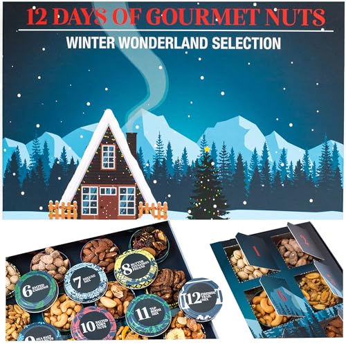Christmas Holiday Snack Gift Box, Food Advent Calendar - 12 Unique Nut Snacks,- Great Food, Drink Gifts for Men, Women, Adults, Kids, Family, Friends