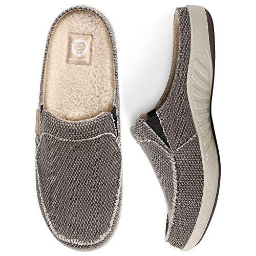 Mens House Slippers with Arch Support, Canvas House Slipper for Men with Fuzzy Wool Insole and Velvet Lining, Slip on Clog House Shoes with Indoor Outdoor Anti-Skid Rubber Sole, Brown