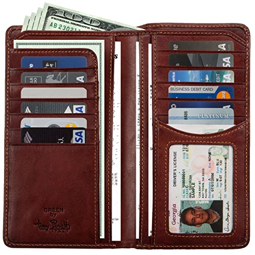 Tony Perotti Men's Leather Checkbook Long Wallets - Italian Bifold with Card Holders, Pockets, ID Window - Eco-Friendly Vegetable-Tanned Full Grain