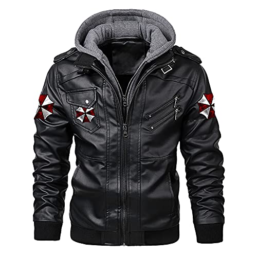 HPY Umbrella Cosplay Men's Leather Jacket-Fall Resident Winter Vintage Motorcycle Biker Jacket with Removable Hood Costume,XXL Black