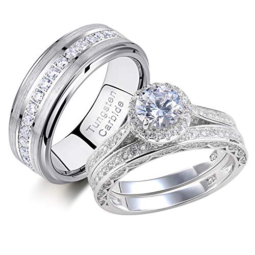 Newshe Wedding Rings Set for Him and Her Women Mens Tungsten Bands Round Cz 3Ct Sterling Silver 12&7