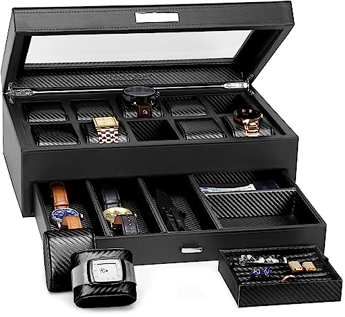 HOUNDSBAY Yachtsman Large Watch Box Jewelry Organizer for Men, Jewelry Box Organizer with Vegan Leather, Glass Display Lid, and Drawer with EDC Storage - Black Carbon Fiber