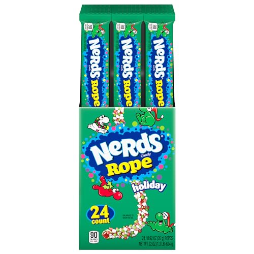 Nerds Holiday Ropes, Individually Wrapped Holiday Candy for Stocking Stuffers, Holiday Themed Nerd Ropes Candy Pack, 0.92 Oz, Pack of 24