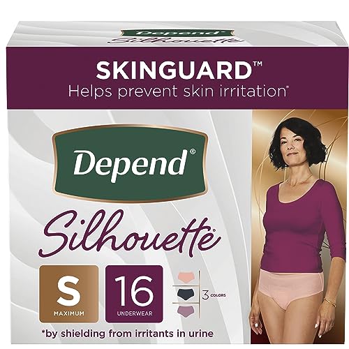 Depend Silhouette Adult Incontinence and Postpartum Underwear for Women, Small, Maximum Absorbency, Black, Pink and Berry, 16 Count, Packaging May Vary