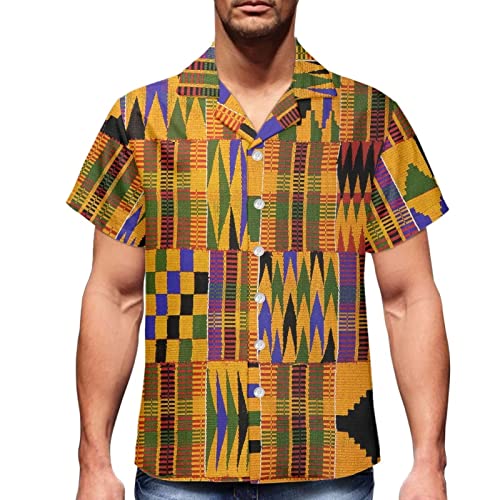 AmzPrint Kente Tribal African Print Shirt for Men Summer Short Sleeve Casual Traditional Festival Hawaiian Button Up Shirt