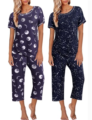 Ekouaer 2 Pack: Womens Pajamas Short Sleeve Sleepwear Tops and Capri Pants Pjs Print Pajama Sets Pink Stripe, Grey Stars XL