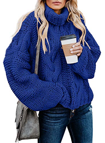 Dokotoo Women Winter Oversized Turtleneck High Neck Long Sleeve Cable Knit Chunky Sweaters Pullover Outerwear Blue M