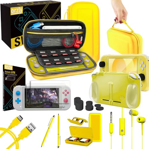 Orzly Switch Lite Accessories Bundle - Case & Screen Protector for Nintendo Switch Lite Console, USB Cable, Games Holder, Comfort Grip Case, Headphones, Thumb-Grip Pack & more (Orzly Gift Pack Yellow)