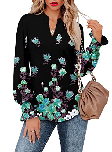 Womens Tops Dressy Casual Classic-Fit Green Flower Print Long Sleeve V-Neck T-Shirt,Black,X-Large
