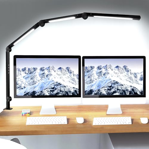 vimeepro LED Desk Lamp with Clamp Flexible 4 sections Swing Arm Three light sources desk light, 4 Color Modes & 5 Brightness, Eye Caring Led table light with Memory Function for table lamps for office