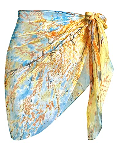 Block Garden Women's Short Sarong Wrap Skirt Chiffon Swimsuit Cover up Beach Pareo Wraps (Y08 Life Tree Blue)