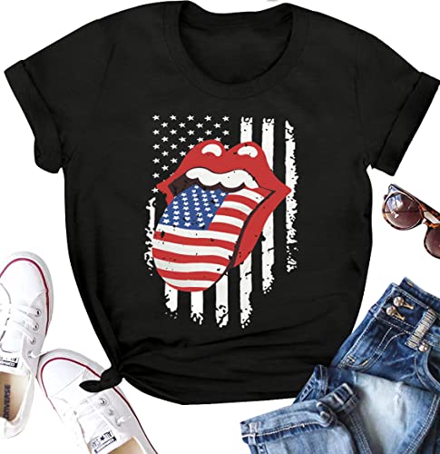 For G and PL Womens July 4th Memorial Day Patriotic USA Flag Short Sleeve Lip Graphic Print Black Shirts M