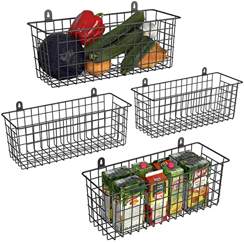 MaraFansie Extra Large Hanging Wall Basket 4-Pack Wall Mounted Wire Basket Cabinet Storage Bin Organizer Wall Shelves Farmhouse Decor for Home Kitchen Bathroom, Black