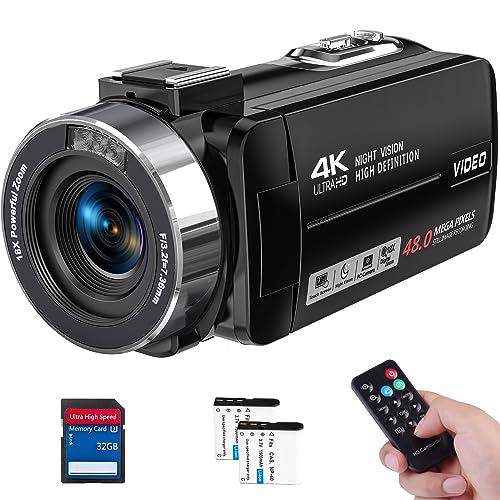 Video Camera Camcorder 4K Ultra 48MP IR Night Vision Camcorder,18X Digital Zoom Camcorder Recorder 3' Rotation Touchscreen Vlogging Camera for YouTube with Remote Control,2 Batteries,32GB SD Card