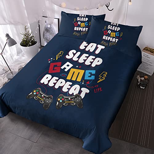 BlessLiving 3Pcs Video Game Duvet Cover Set Full Size Gamepad Controller Joystick Bedding Sets for Teens Boys Fashion Gamer Comforter Cover Ultra Soft Bed Sets, Navy Blue