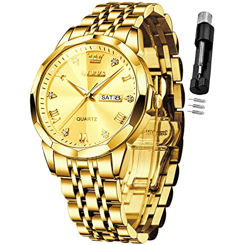 OLEVS Watch for Men Diamond Business Dress Analog Quartz Stainless Steel Waterproof Luminous Date Two Tone Luxury Casual Wrist Watch Gold