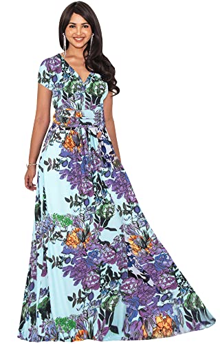 KOH KOH Plus Size Womens Long Floral Print Cap Short Sleeve Modest Flowy V-Neck Casual Full Floor Length Spring Summer Sundress Tall Maxi Dress Dresses Gown Gowns, Sky Blue and Purple 2XL 18-20