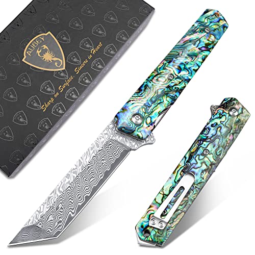AUBEY Damascus Pocket Knife with Clip, Sharp Tanto VG10 Core Damascus Folding Knife, Camping Knife with Abalone Shell Handle and Glass Breaker, EDC Damascus Knife for Gift Survival Collection