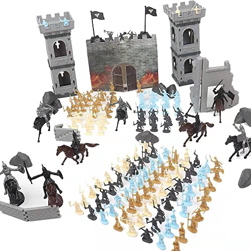 Enajucy 254pcs/set Medieval Castle Knights Toy Soldier - Army Figures Miniature Playset with Castle, Four-Color Soldier, Cavalry and Arrow Tower (Castle and 4 Color Soldiers)