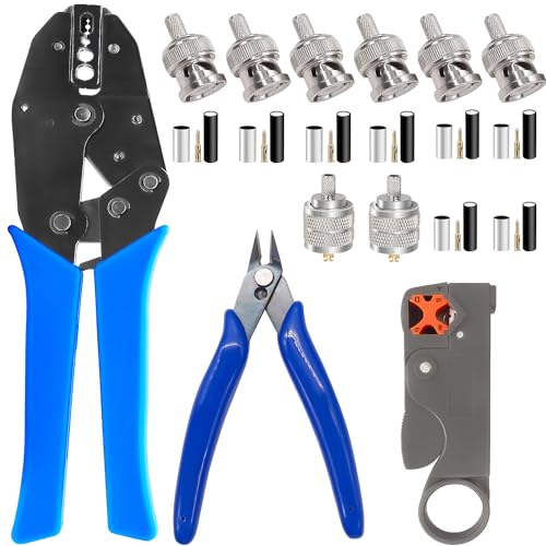 mxuteuk Coaxial Cable Tool Set,Coax RF Connector Crimping Tool + Coaxial Cable Stripper + Wire Cutter + 8PCS BNC/UHF Crimp Male/Straight Connectors for RG58/RG59/RG62/RG174