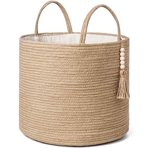Mkono Woven Storage Basket Decorative Rope Basket Wooden Bead Decoration for Blankets,Toys,Clothes,Shoes,Plant Organizer Bin with Handles Living Room Home Decor, Jute, 16' W × 13.8'L