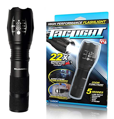 Bell+Howell TacLight Bright led Flashlight Tactical Flashlights Zoom Function 5 Modes 100,000 Hour Bulb Water Resistant Durable Mini Flashlight 5.4” x 1.6” Battery Powered 3X AAA