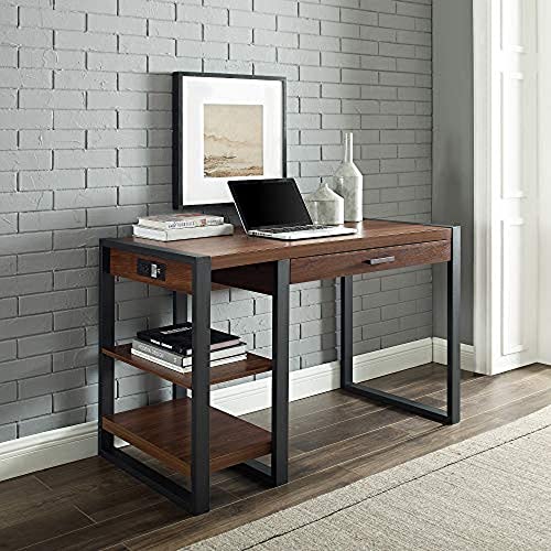 Walker Edison Modern Industrial Computer Gaming Desk Office Storage Shelves and Drawer with Electrical Outlet Home Office, 48 Inch, Dark Walnut