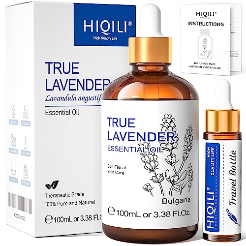 HIQILI 100ML Lavender Essential Oil Pure, 100% Natural for Skin Care, Diffuser，Includes 10ML Travel Bottle - 3.38 Fl Oz