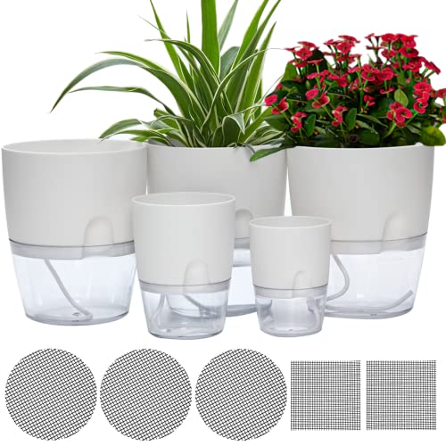 ETGLCOZY Self Watering Pots for Indoor Plants, 5 Pack 6/4.1/3.2 Inch Flower Pot Modern Decorative Plastic Planter with Extra Large Water Storage for All House Plants, Flowers, Herbs(White)