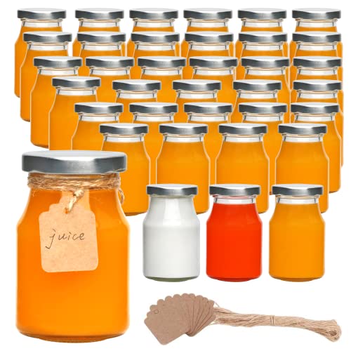 Accguan 6oz Glass Milk Bottles,Small Juice Bottles with Silver Caps,Jute Twine & Tag, Glass Yogert Jars Clear Glass Jars for Cake,Milk,Honey,Jam,Jelly,Spice,Wedding Favors,Shower Favors (36 Pack)